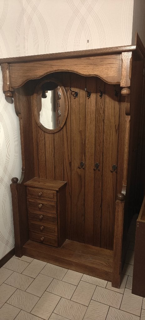 Armoire d'entrée vintage en chêne - solide - avec miroir, Antiquités & Art, Enlèvement