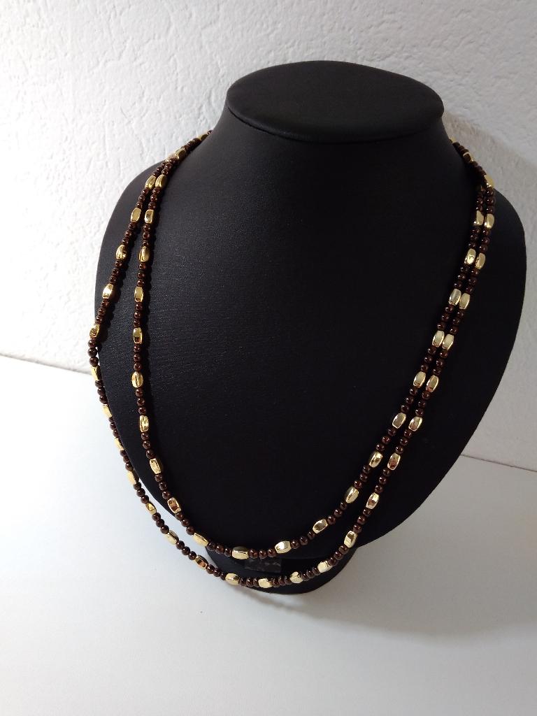 Vintage ketting met kleine glazen pareltjes, Kunststof, Verstelbaar, Bruin, Nieuw