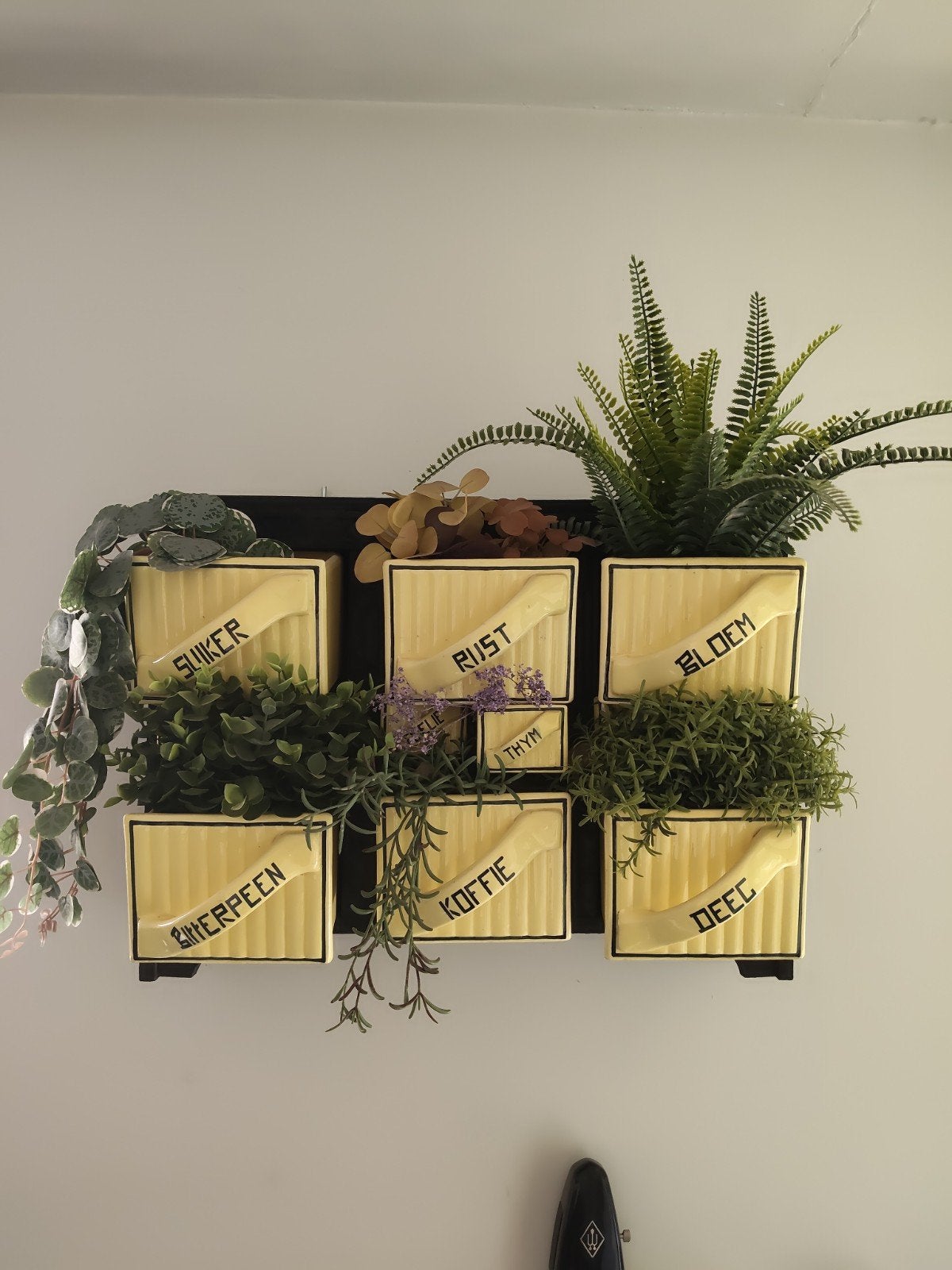 rek mét kunstplantjes, Ophalen