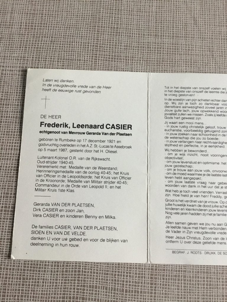 Rijkswachter Colonel Casier Rumbeke +Assebroek, Enlèvement ou Envoi, Image pieuse