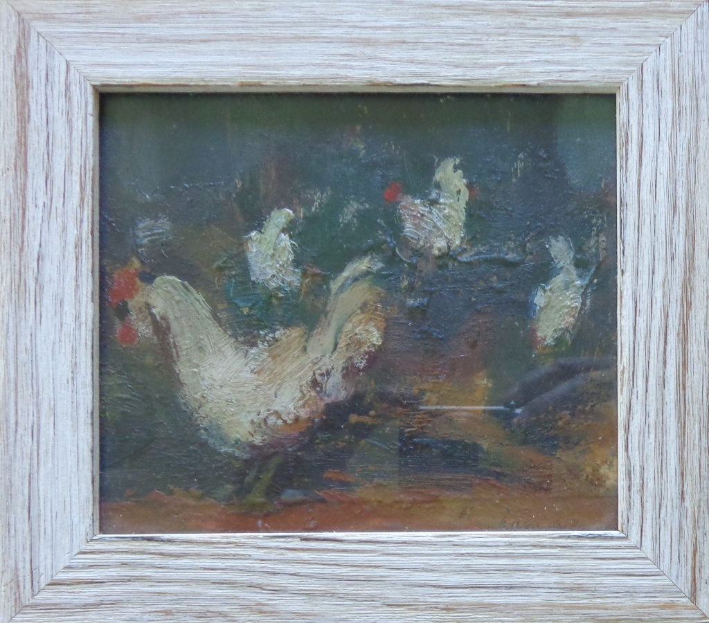KAREL JAN VAN DEN HEUVEL / KIPPENERF OLIEVERF KARTON 20x23cm, Ophalen of Verzenden, Gesigneerd, Olieverf