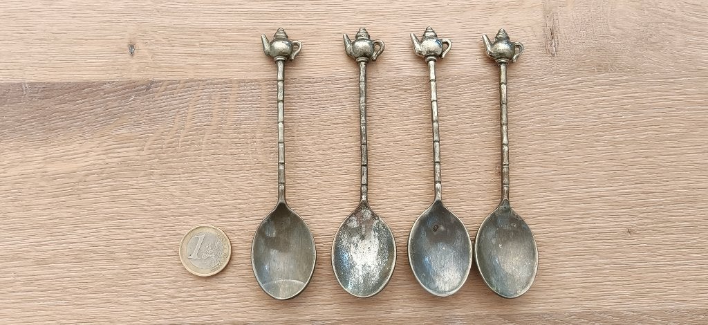 Set van 4 vintage theelepeltjes met theepotmotief, Ophalen of Verzenden