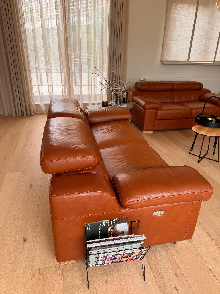 DESIGN LEDEREN ZITSALON 3+2,5 ZIT MET 2 ELEKTRISCHE RELAXEN, Ophalen, Gebruikt, Leer, MODERNE DESIGN ZITHOEK