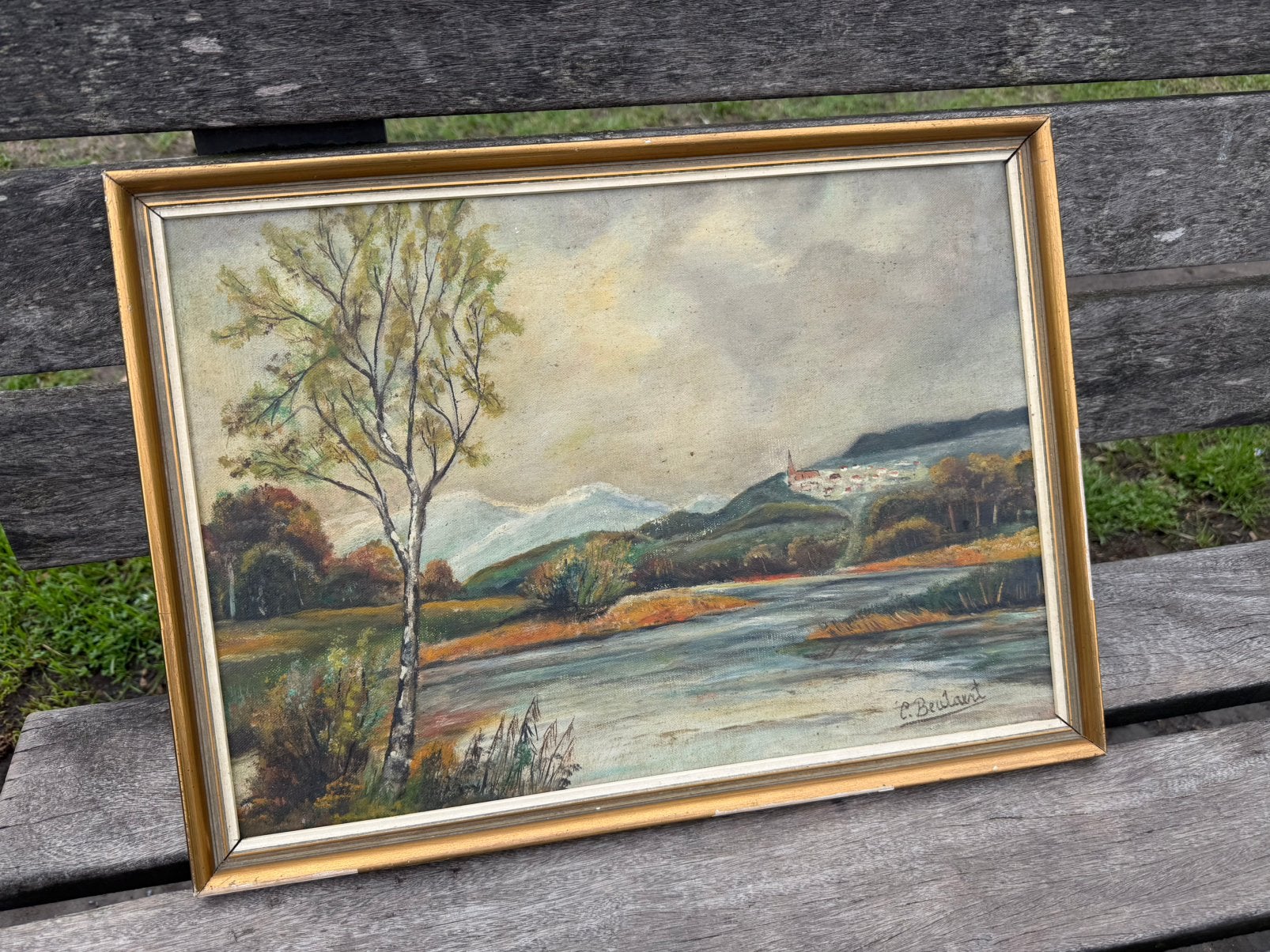 Vintage schilderij – landschap met rivier en kerk, Antiek en Kunst, Ophalen of Verzenden, Vintage, Gesigneerd, Landschap