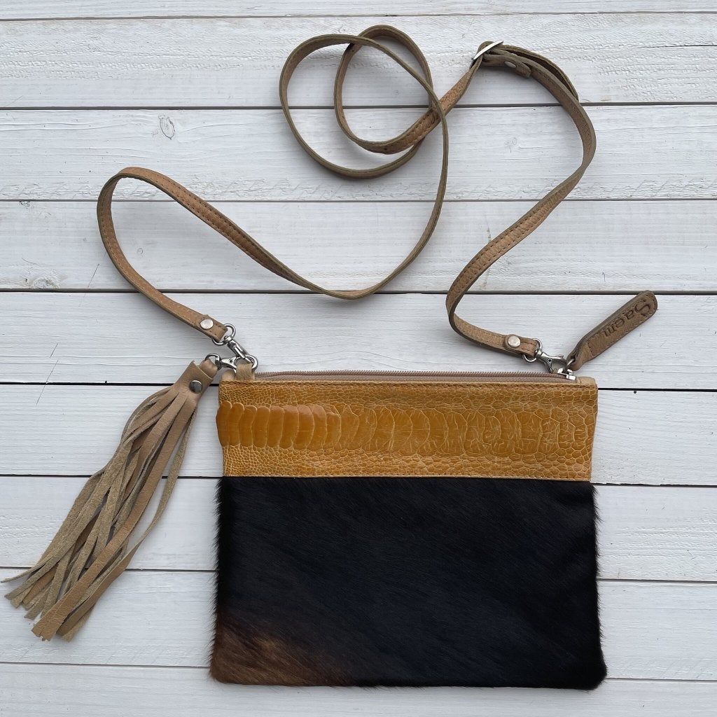 Mickey struisvogel zwart bruin geel #M-15 | Lederstore, Ophalen of Verzenden, Nieuw, Zwart, Handtas