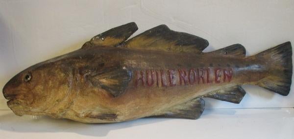 antiek papier mache uithangbord vis reclame visolie, Antiek en Kunst, Verzenden