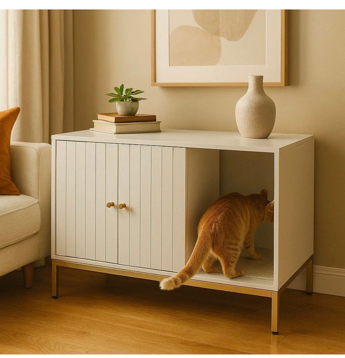 Bac à litière moderne pour chat blanc/doré, Animaux & Accessoires, Enlèvement, Comme neuf
