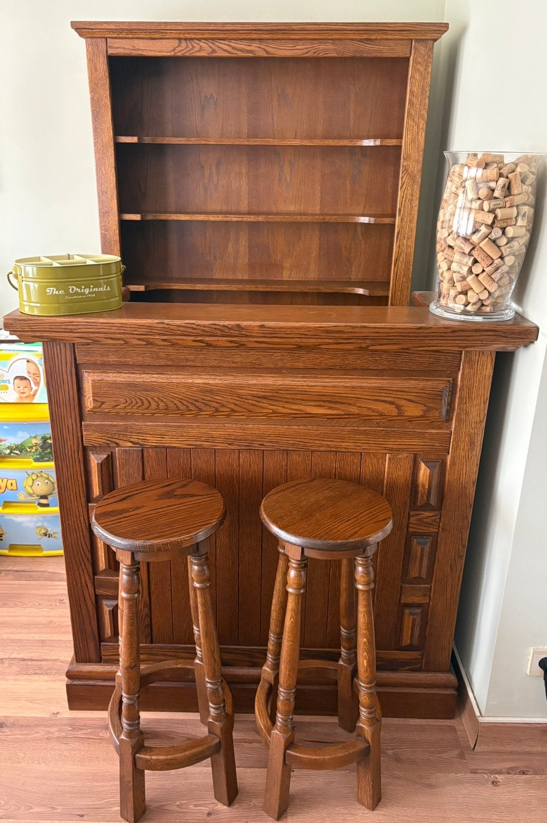 Armoire de bar et à boissons en chêne massif avec tabourets, Enlèvement, Comme neuf
