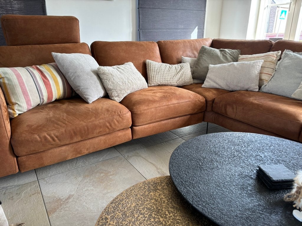 Hoeksalon met relaxfunctie, hoofdsteun en hocker, Huis en Inrichting, Zetels | Complete zithoeken, Zo goed als nieuw, Metaal, Stof