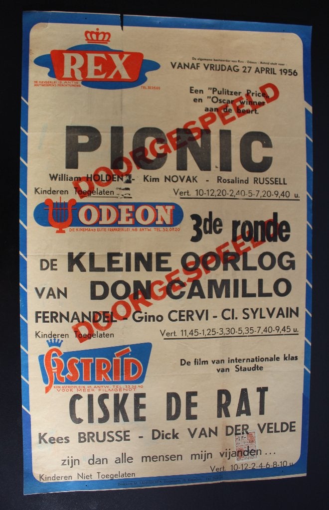 Oude filmaffiche - Cinema's Rex, Odeon en Astrid, Enlèvement ou Envoi, Rectangulaire vertical, A1 jusqu'à A3, Utilisé