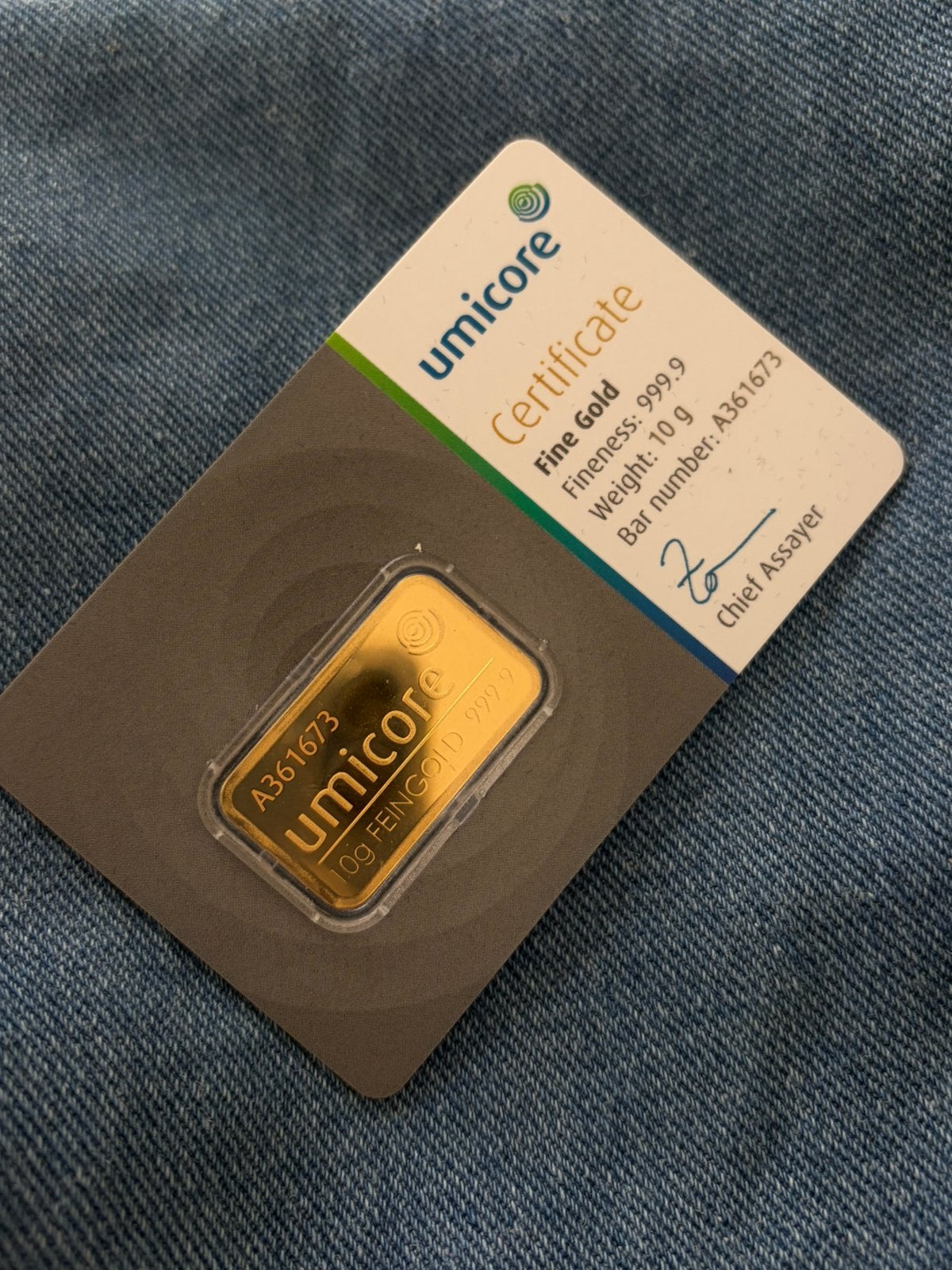 Lingot d'or Umicore 10 grammes 999,9 ou, Enlèvement, Or