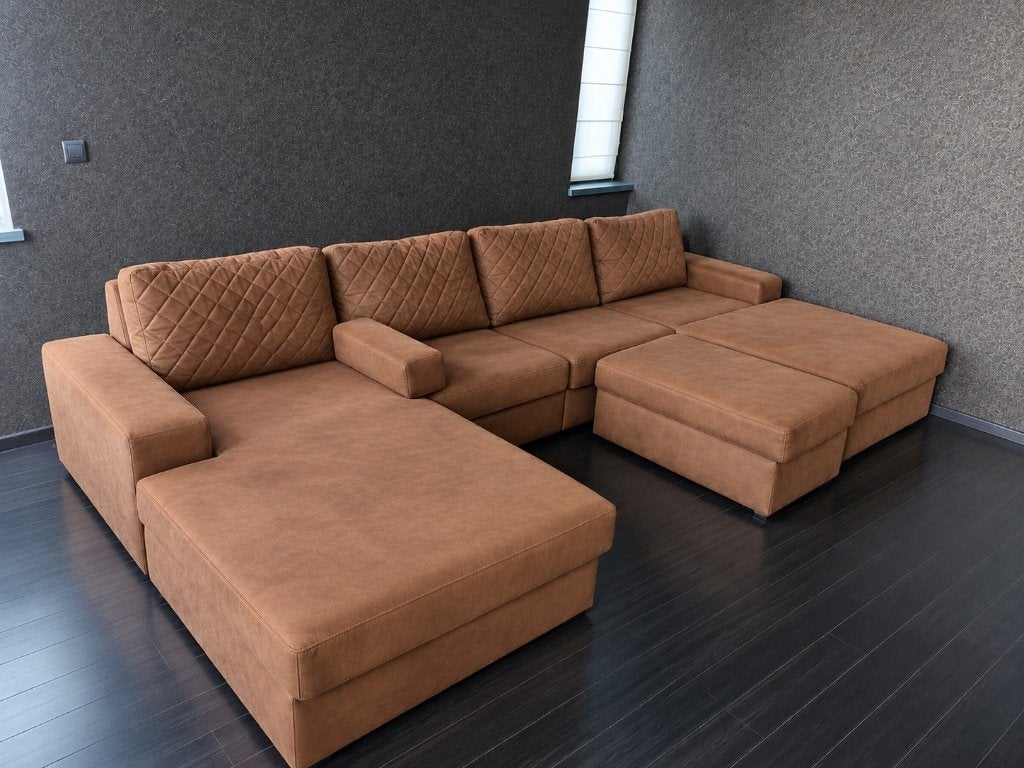 Stoffen salon met 2 longchair zetels in cognac kleur, Huis en Inrichting, Ophalen, Gebruikt, 300 cm of meer, Warm
