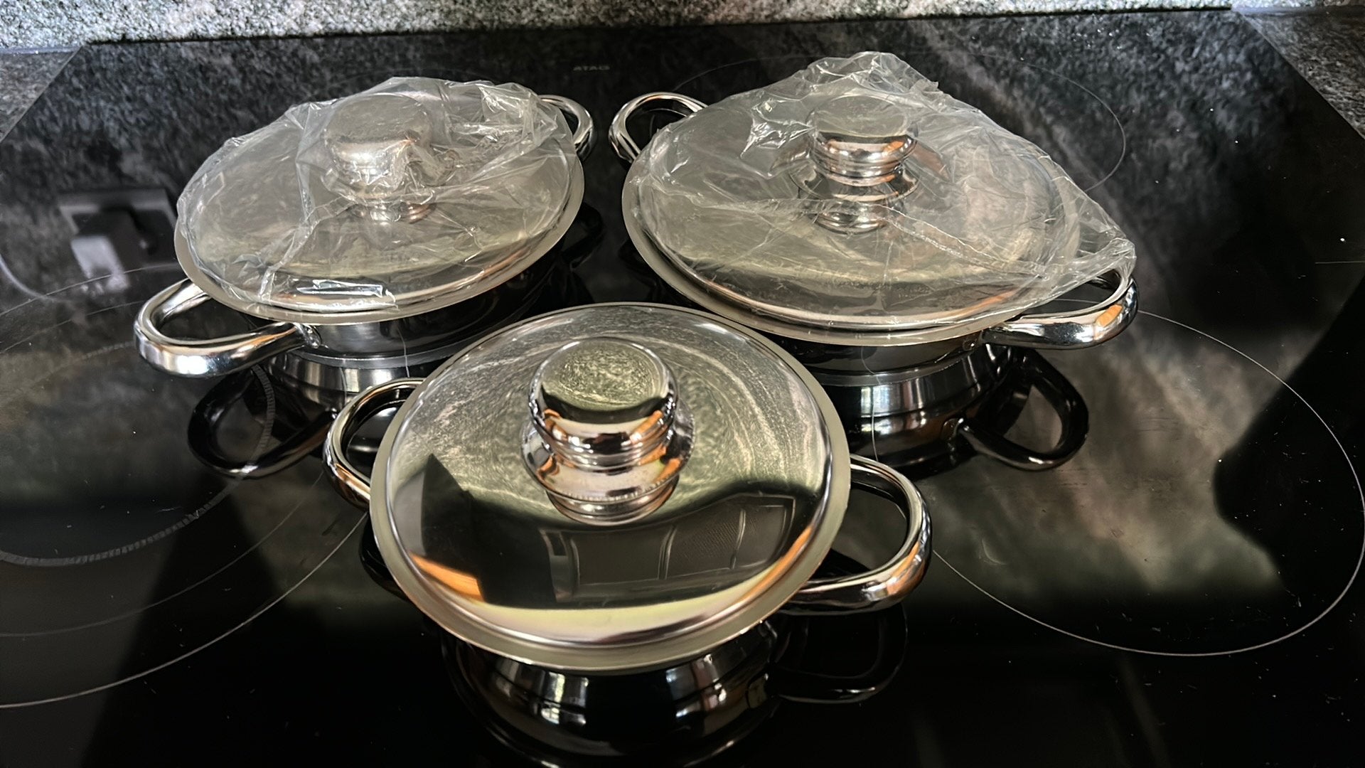 Set van 3 kleine kookpotten 18/10, Met deksel, Ophalen, Nieuw, Pannenset