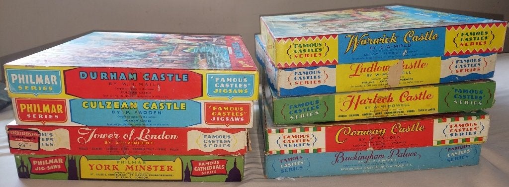 9 Vintage Philmar Puzzels Jaren 50 -Compleet/Made in England, Hobby en Vrije tijd, Ophalen of Verzenden, 500 t/m 1500 stukjes