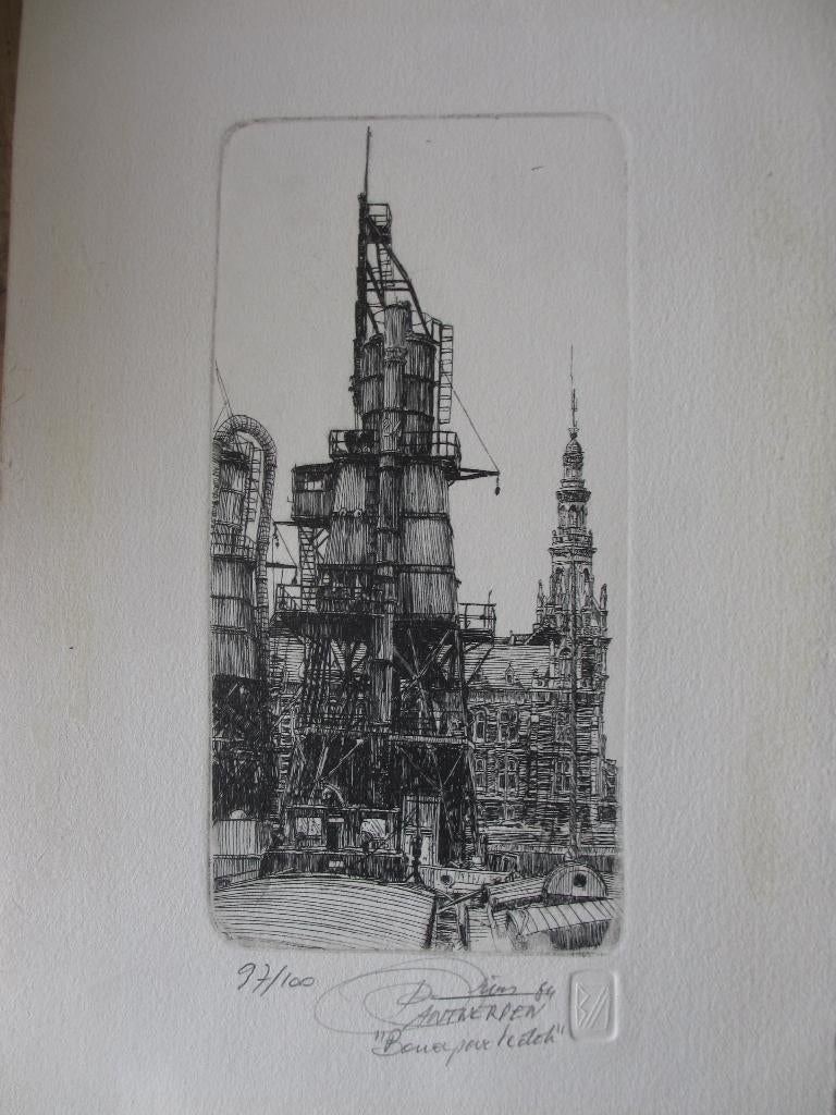 Ets Dries Van Den Broeck – Bonapartedok Antwerpen, Stadsgezicht, Met tekst, 19 cm, Ophalen of Verzenden