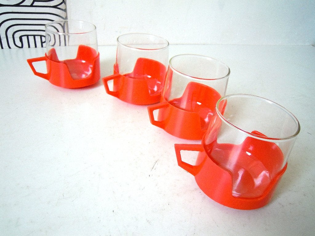 4 Vintage kopjes in een oranje houdertje, Ophalen of Verzenden