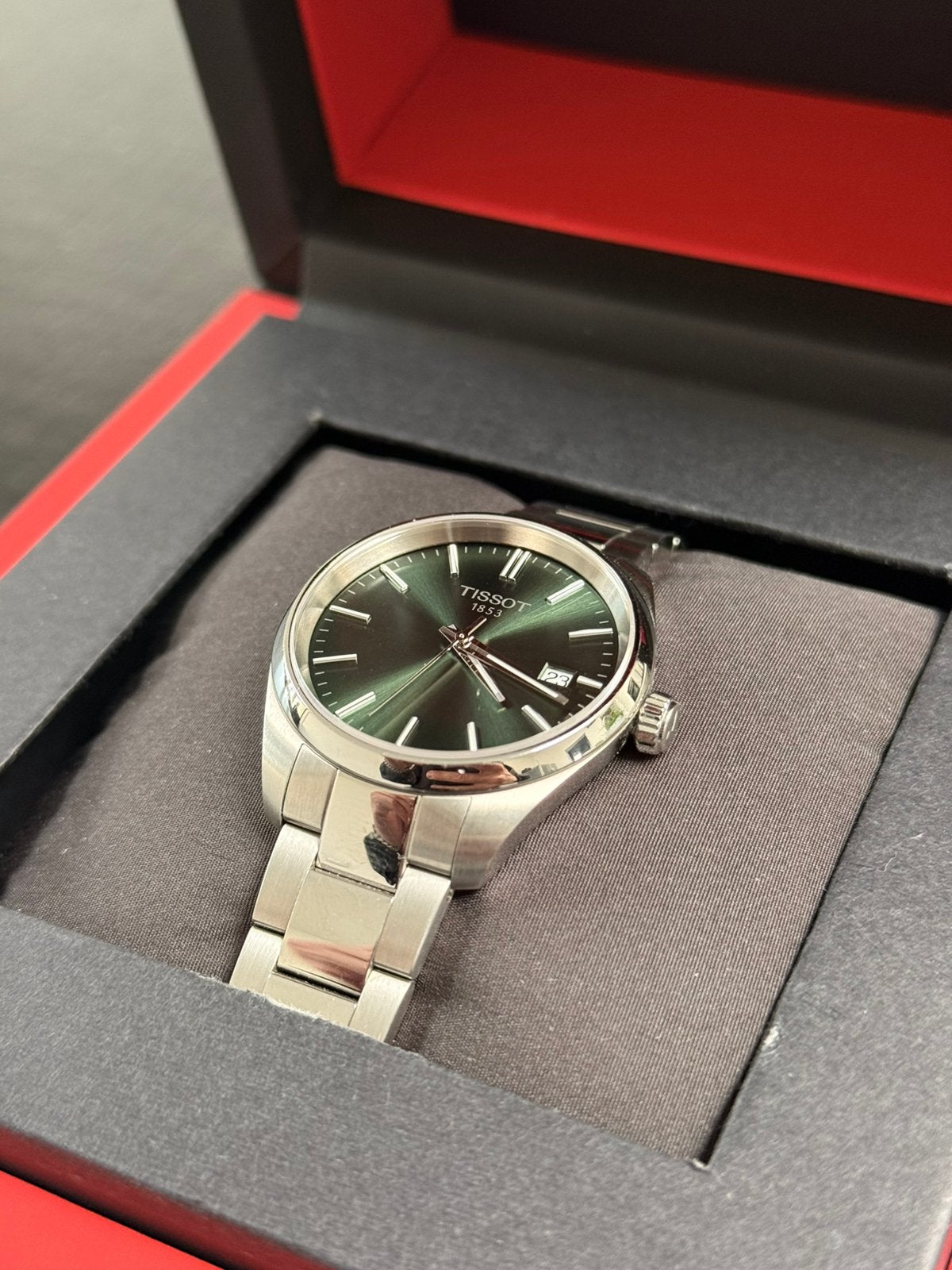 Tissot PR 100  groen 34mm compleet met doos en garantie, Staal, Tissot, Polshorloge, 1960 of later