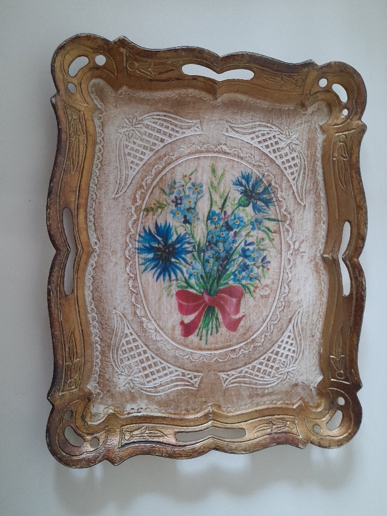 Brocante dienblad - boeket veldbloemen, Ophalen of Verzenden