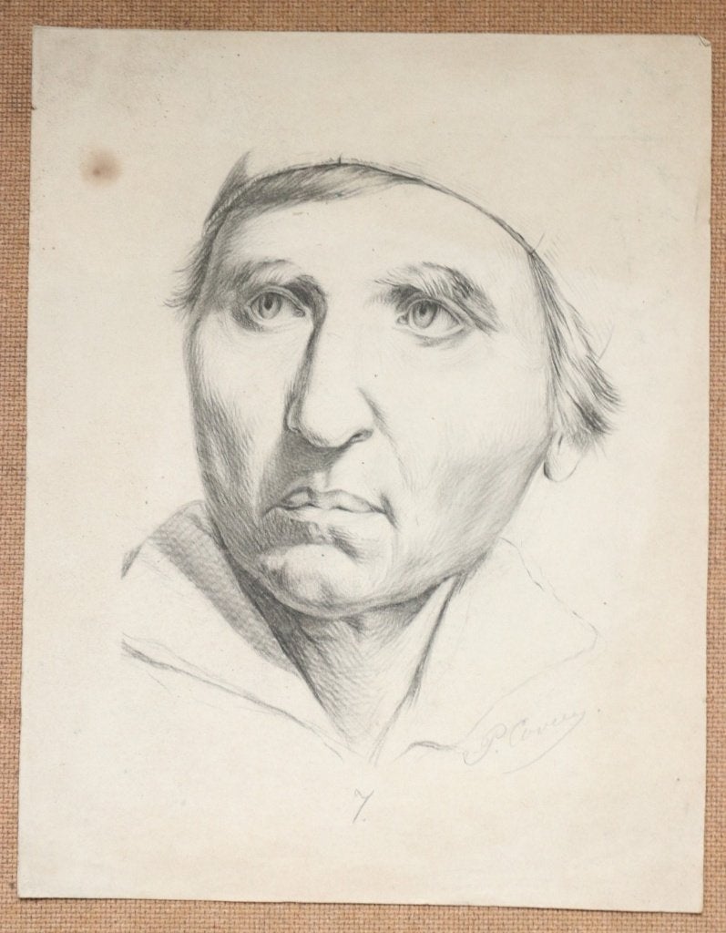 Potloodtekening portret man met muts - 19e eeuw, gesigneerd, Ophalen, Tekening, Potloodtekening, Gesigneerd