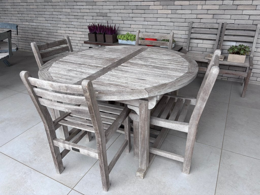 tuintafel met 6 bijhorende stoelen, Tuin en Terras, Ophalen, Gebruikt, Ovaal, Teakhout