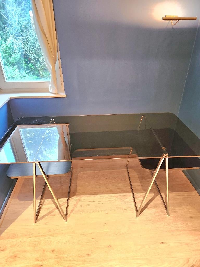 Bureau design unique plaque verre sur trétaux chromés, Maison & Meubles, Bureaux, Comme neuf, Verre, Noir, Enlèvement ou Envoi