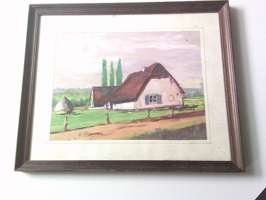klein shilderijke aqaurelle gete strauven, Antiquités & Art, Sous verre, Aquarelle, Panneau, Paysage