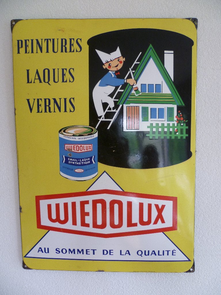 EMAILLE RECLAMEBORD"WIEDOLUX PEINTURES"UIT JAREN 50/60, Ophalen of Verzenden, Gebruikt, Reclamebord