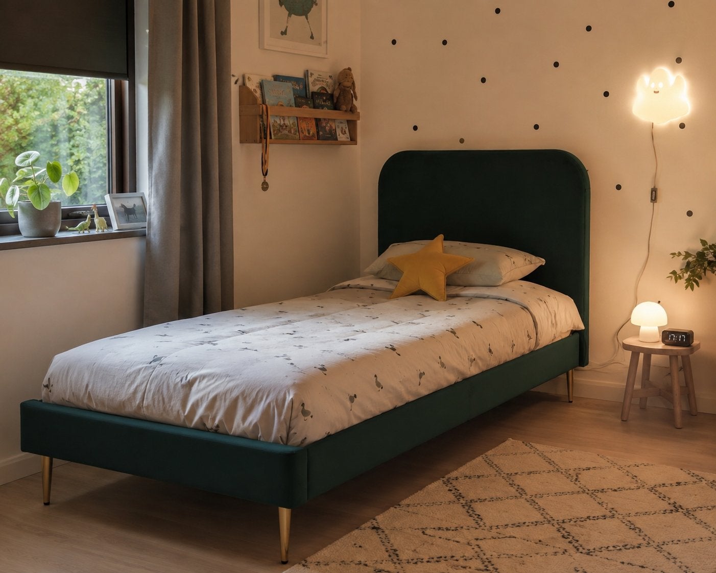 Donkergroen velvet bedkader/éénpersoonsbed 90x200 cm, Enlèvement, Comme neuf, 200 cm
