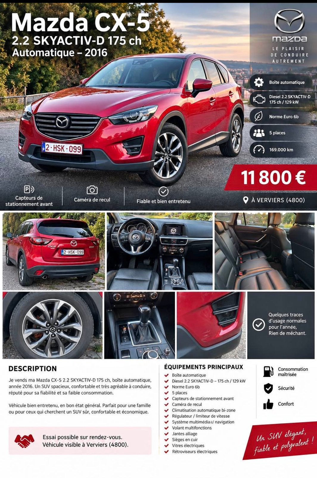 Mazda CX-5 2.2 Skyactiv-D 175 ch – Automatique – 2016, Autos, Achat, Euro 6, 2000 kg, Carnet d'entretien