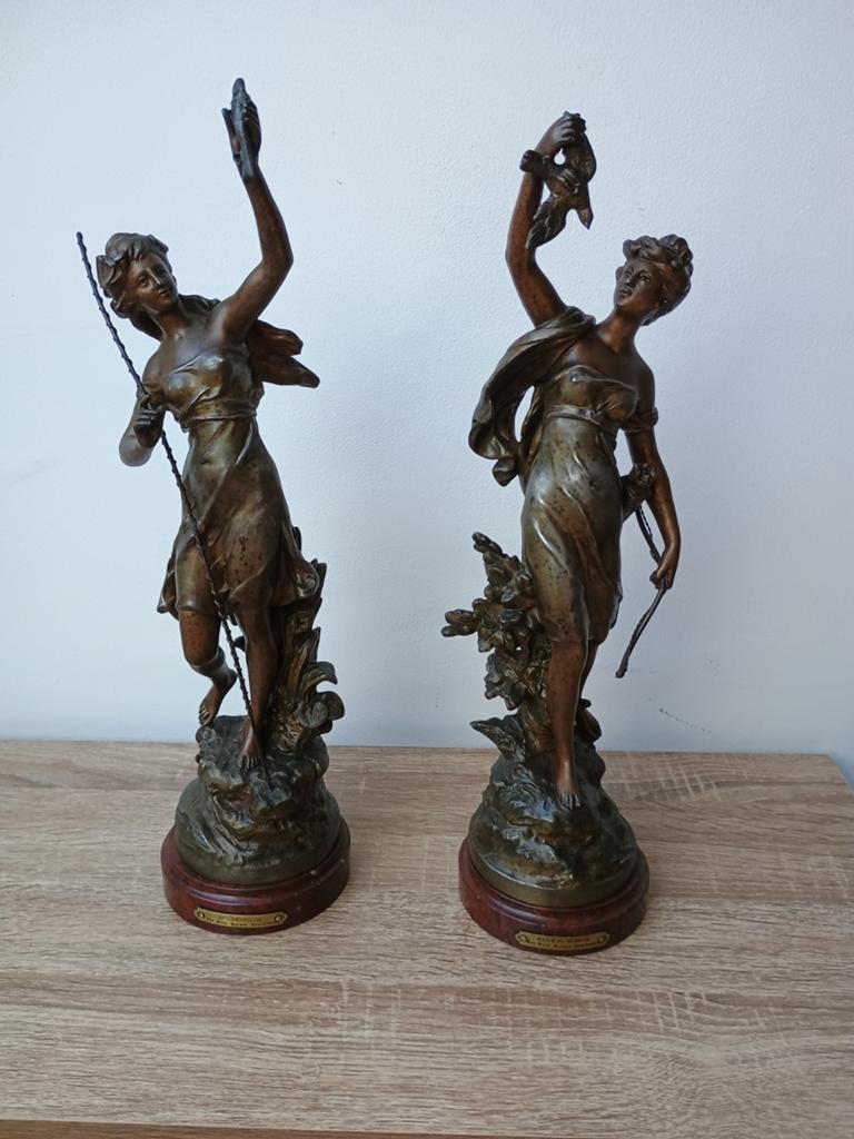 Sculpturen in heerser Mathurin Moreau „Jagen” en „Vissen”, Ophalen of Verzenden, Op sokkel, Art deco, Beeld