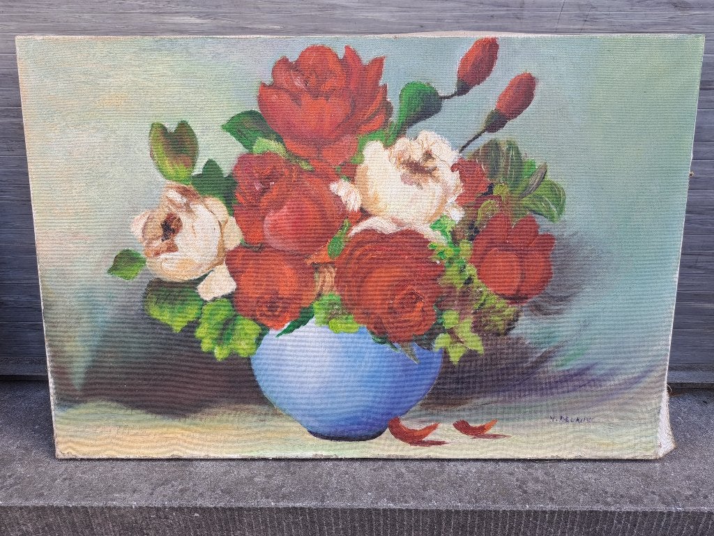 Huile sur toile fleur signe n delaux, Antiquités & Art, Enlèvement ou Envoi, Toile