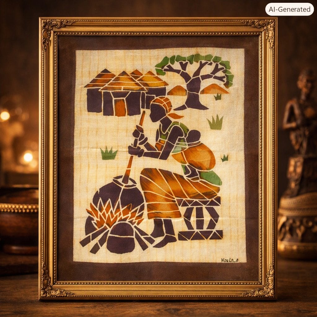Œuvre africaine au pochoir – Signée Koula – 50  40 cm., Afrique, Enlèvement ou Envoi, Tableau, Encadré