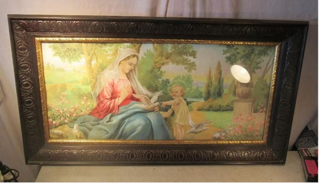 Prachtige Oude Prent 'Maagd Maria en Jezus' - 93x51, Antiek en Kunst, Ophalen of Verzenden