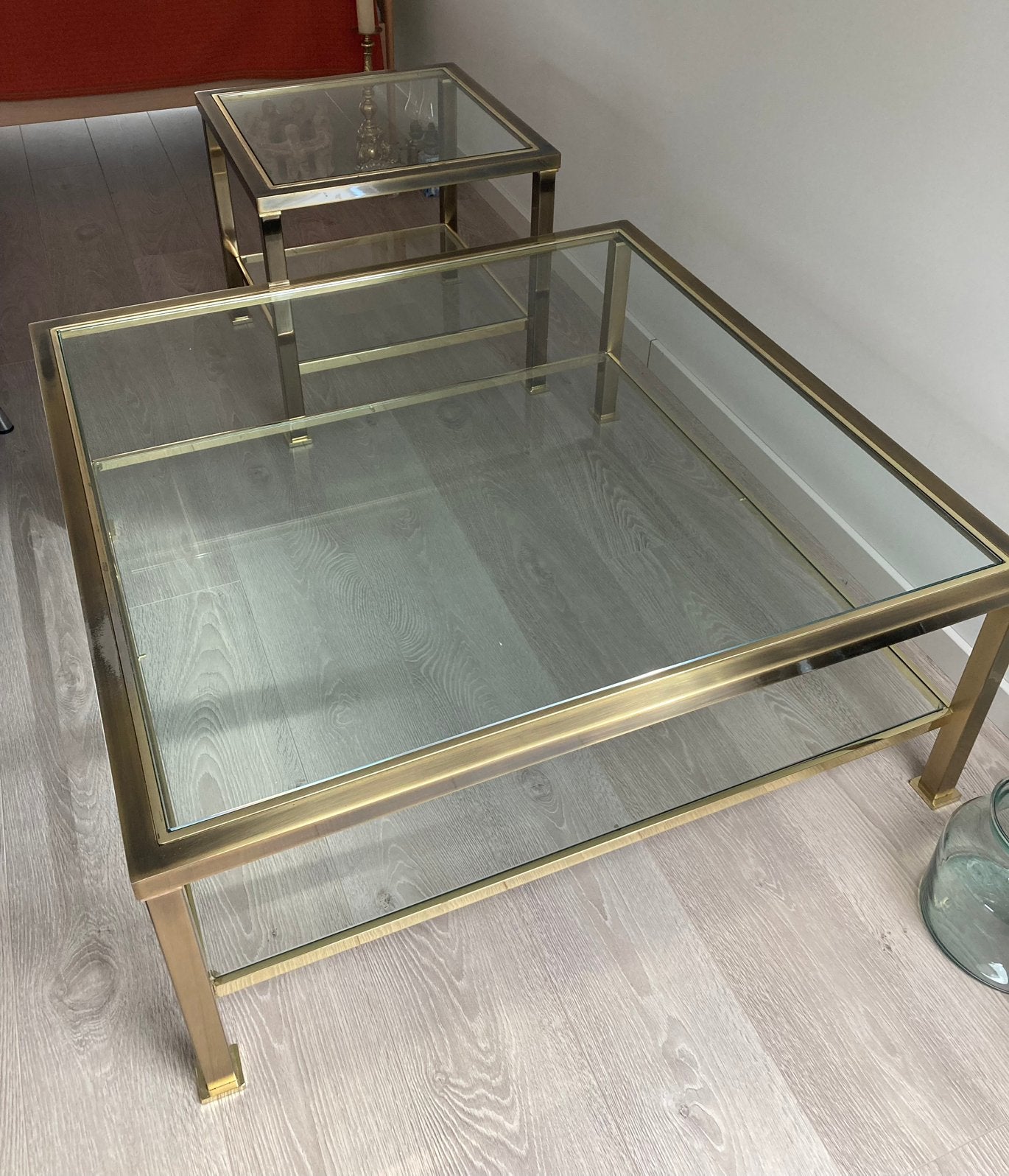 Vierkante salontafel met bijpassende bijzetafel, Ophalen, Gebruikt, Glas, Minimalistisch, elegant