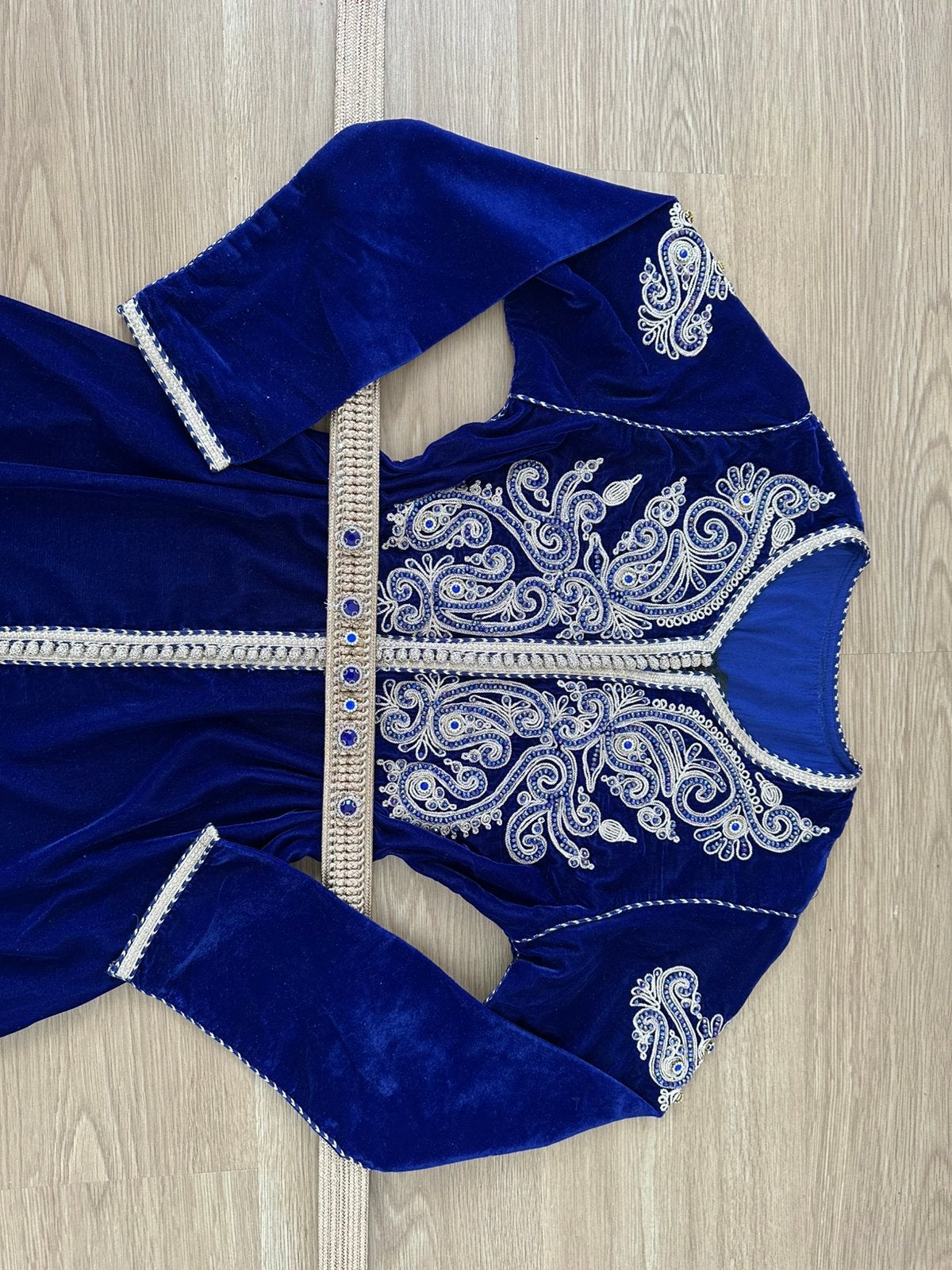 Caftzn en velours + ceinture, Kleding | Dames, Gelegenheidskleding, Ophalen, Overige typen, Blauw, Maat 36 (S)