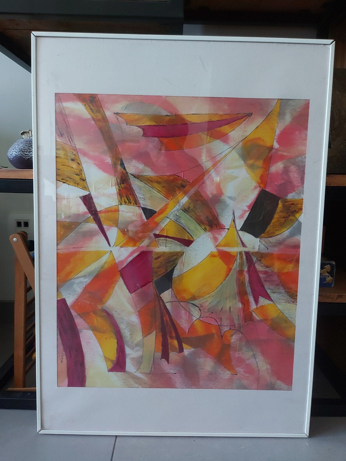 Abstract werk in kader metaal en glas, Antiek en Kunst, Ophalen