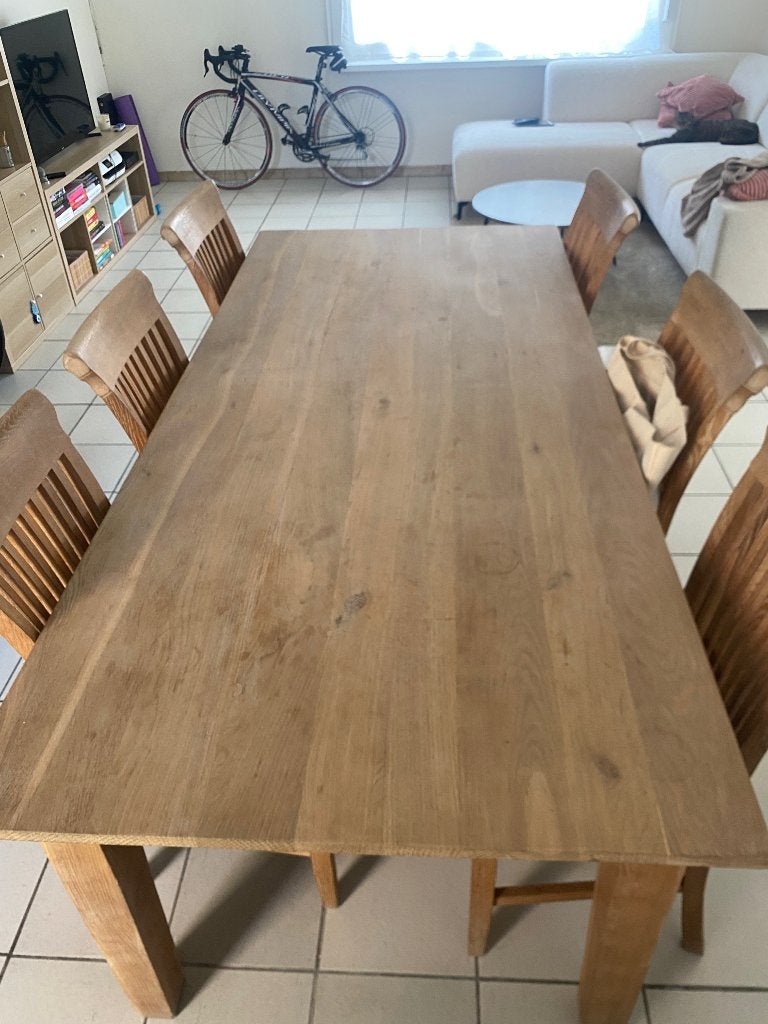 Licht eiken eettafel met zes eiken stoelen, Huis en Inrichting, Tafels | Eettafels, Ophalen, Gebruikt, 100 tot 150 cm, Eikenhout