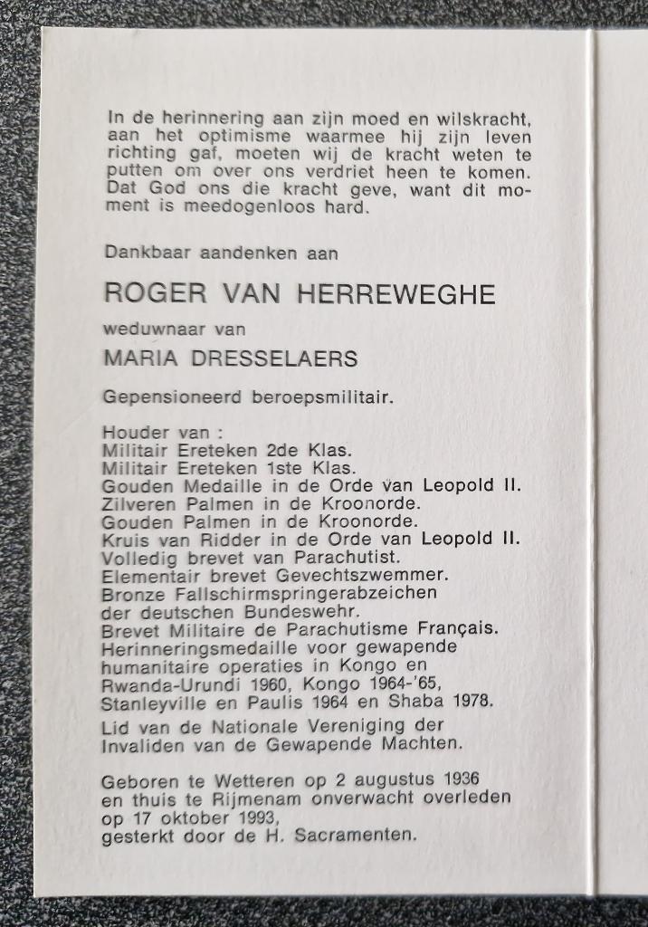 Van Herreweghe Roger Wetteren 1936 Rijmenam 1993, Enlèvement ou Envoi