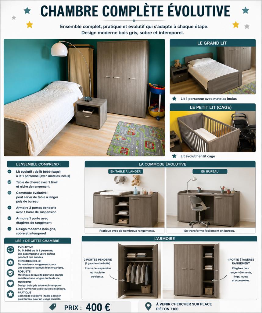 Chambre complete evolutive, Enlèvement, Comme neuf