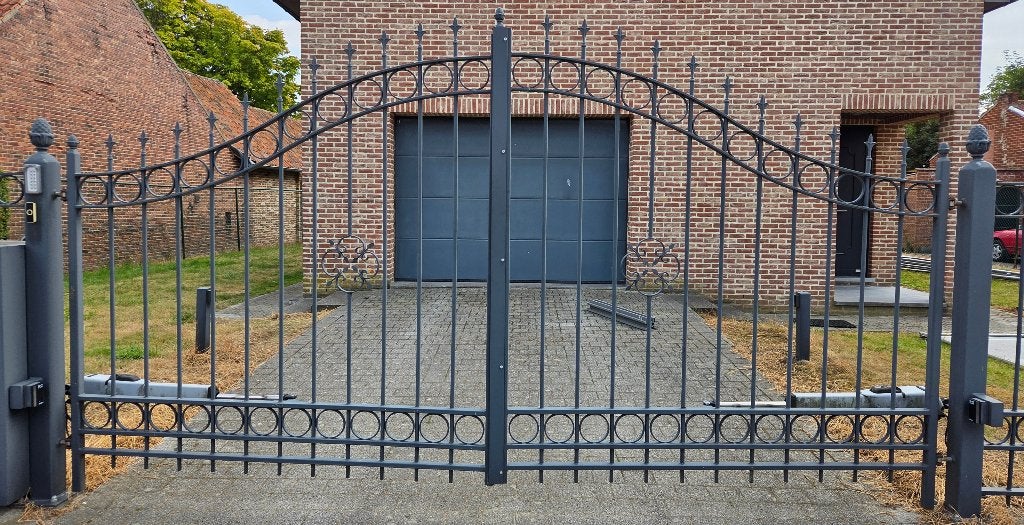 Smeedijzere dubbele poort blauw met automatisatie FAAC, Tuin en Terras, Ophalen, Gebruikt, IJzer, Overige typen