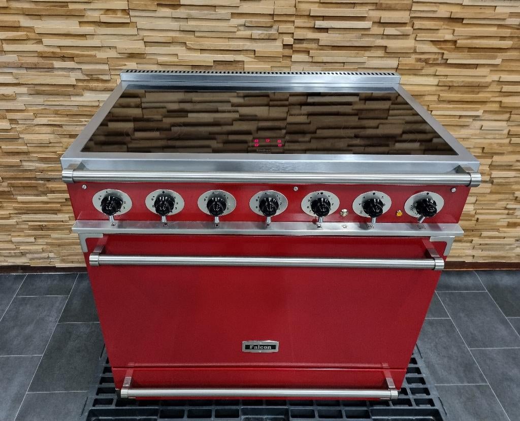 🔥Luxe Fornuis Falcon Deluxe 90cm INDUCTIE rood 5 zones, Ophalen, 60 cm of meer, Zo goed als nieuw, Energieklasse A of zuiniger