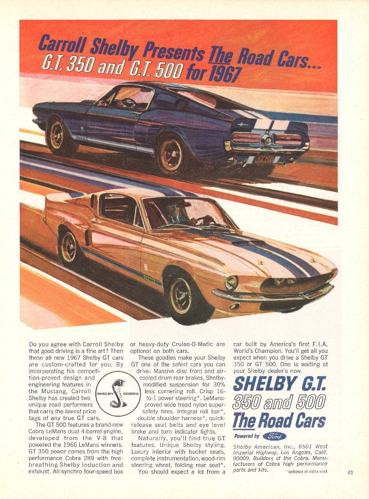 Publicité de la Ford Mustang Shelby Cobra GT 350/500 de 1968, Ford, Enlèvement ou Envoi, Diverse auteurs, Comme neuf