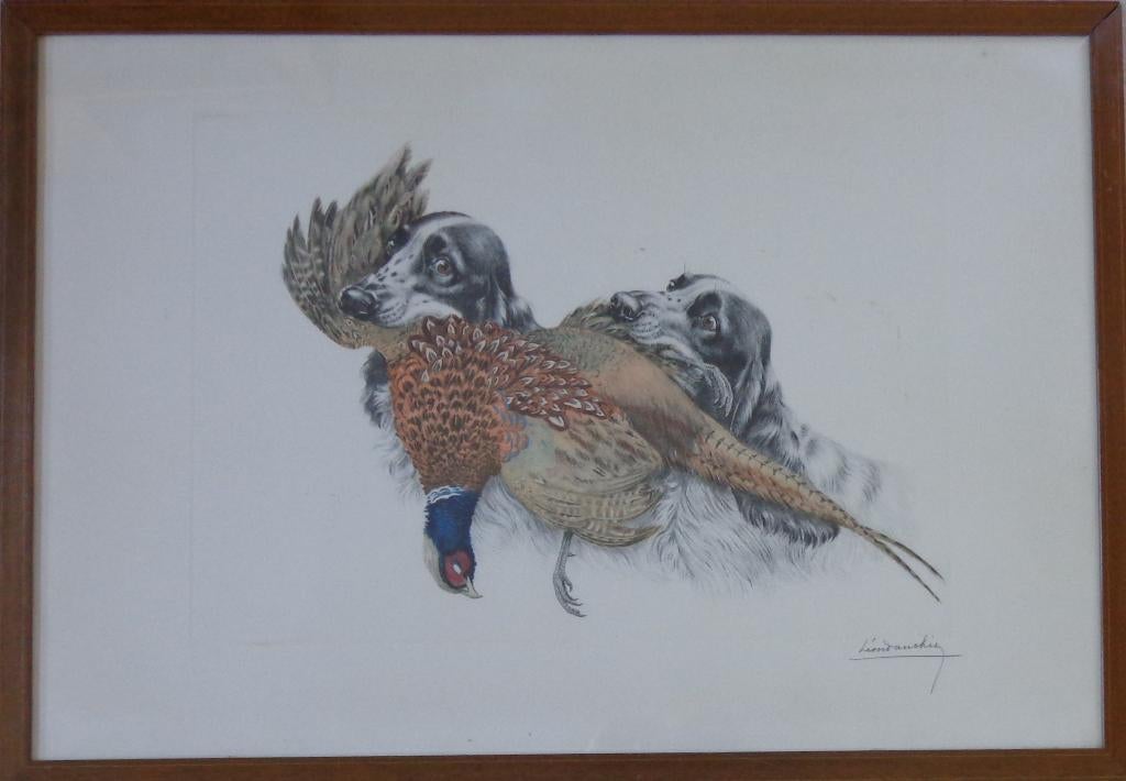 LEON DANCHIN / JACHTHONDEN / KLEURETS / 68x96cm / KADER, Enlèvement