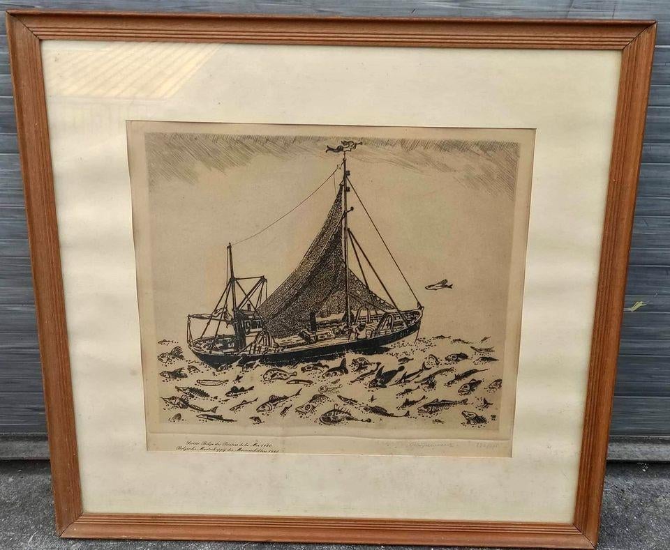 Gravure marine signe Maurice Pauwaert, Antiek en Kunst, Kunst | Etsen en Gravures, Ophalen of Verzenden, Gravure