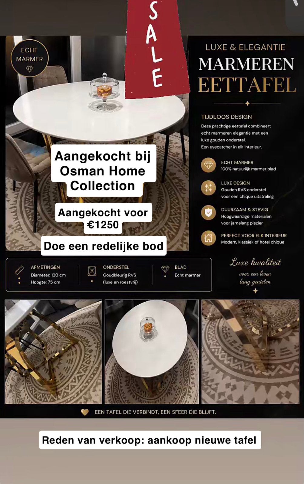 LUXE MARMEREN EETTAFEL – 130 CM, Huis en Inrichting, Tafels | Eettafels, Ophalen, Overige materialen, Gebruikt, 50 tot 100 cm