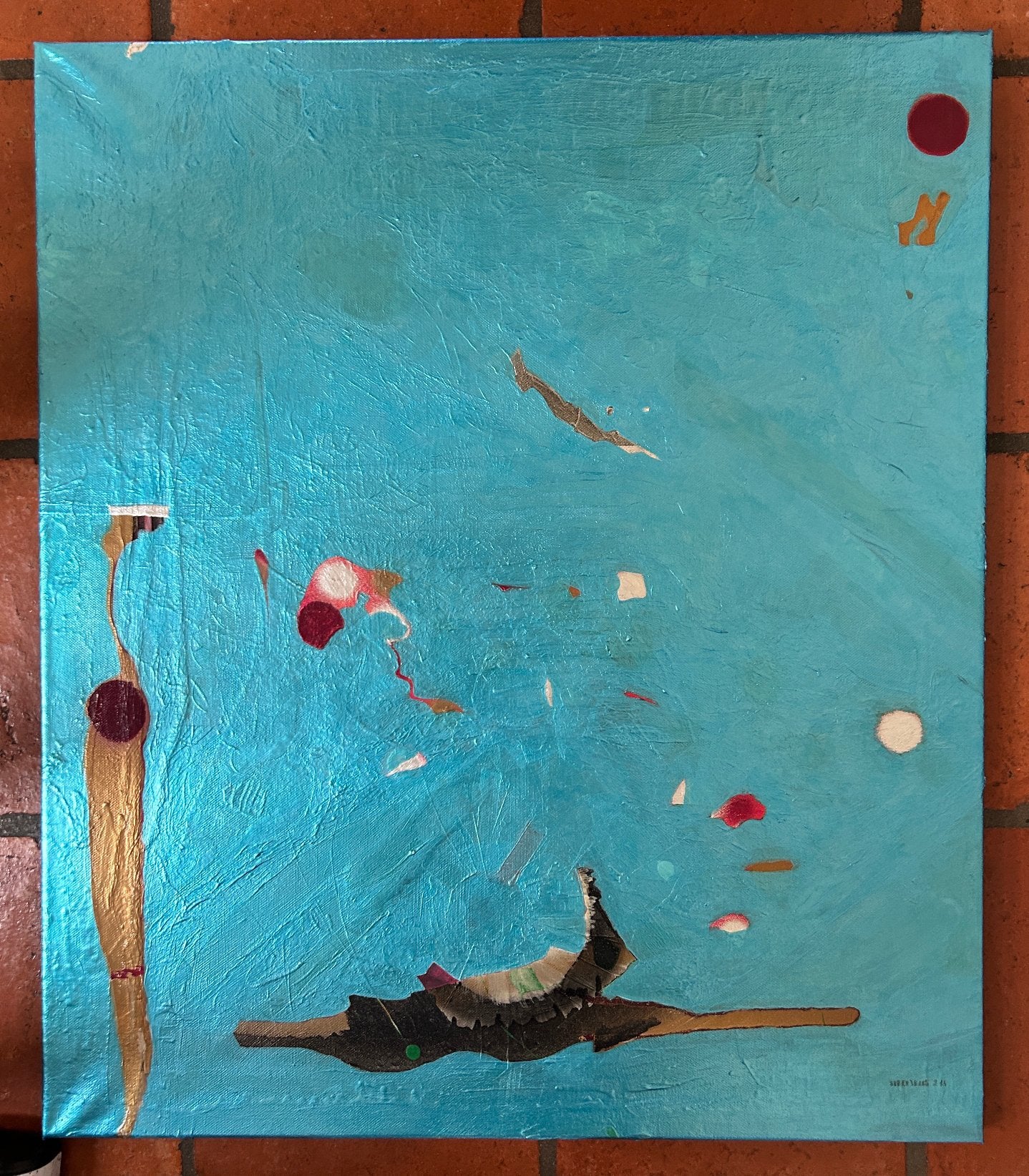 SCHILDERIJ “Little Machines swimming” (2024 - Bonheiden), Enlèvement ou Envoi, Sur cadre en bois, Technique mixte, Animaux