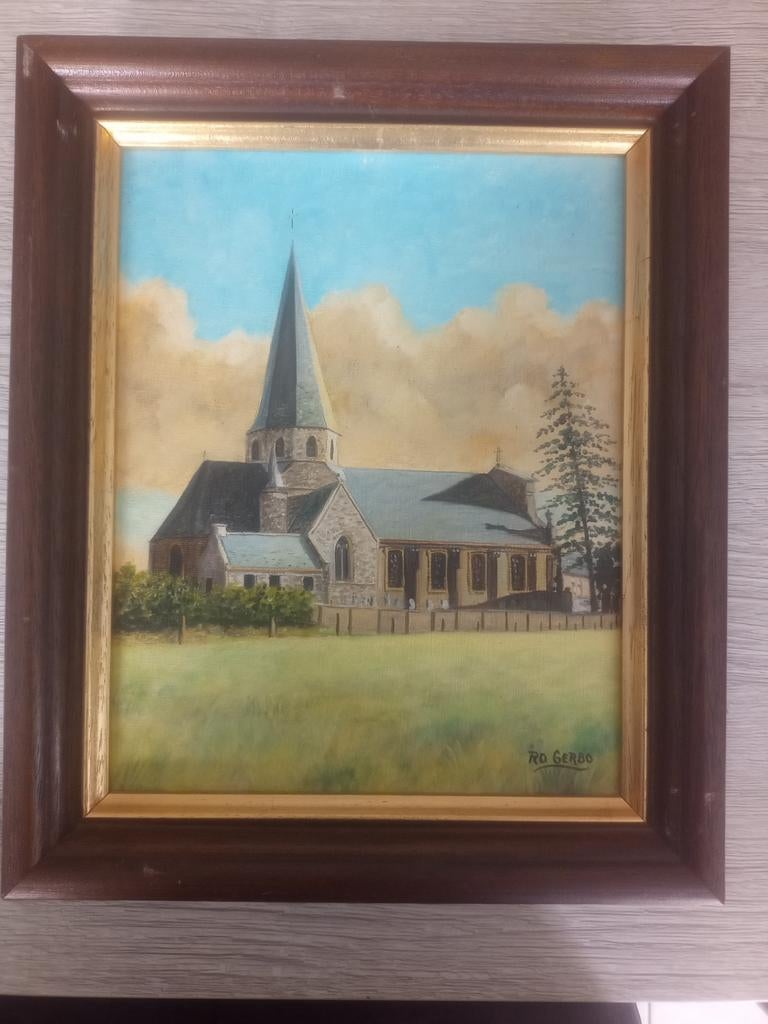 Vintage handgeschilderd kerklandschap in houten kader, Antiek en Kunst, Ophalen