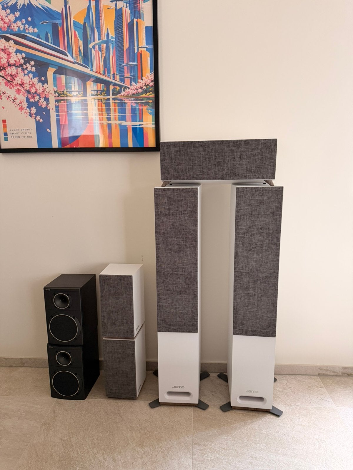 Jamo S 807 HCS luidsprekerset + 2  Jamo Compact 500 gratis, TV, Hi-fi & Vidéo, Enlèvement, Comme neuf, Jamo