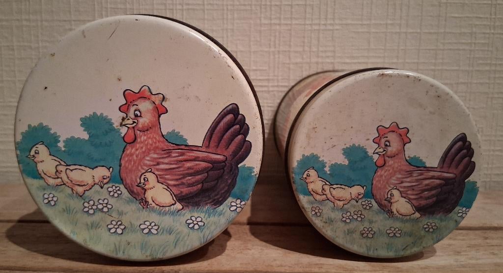 oude blikken doos - kip, kuikens en haan, Verzamelen, Ophalen of Verzenden