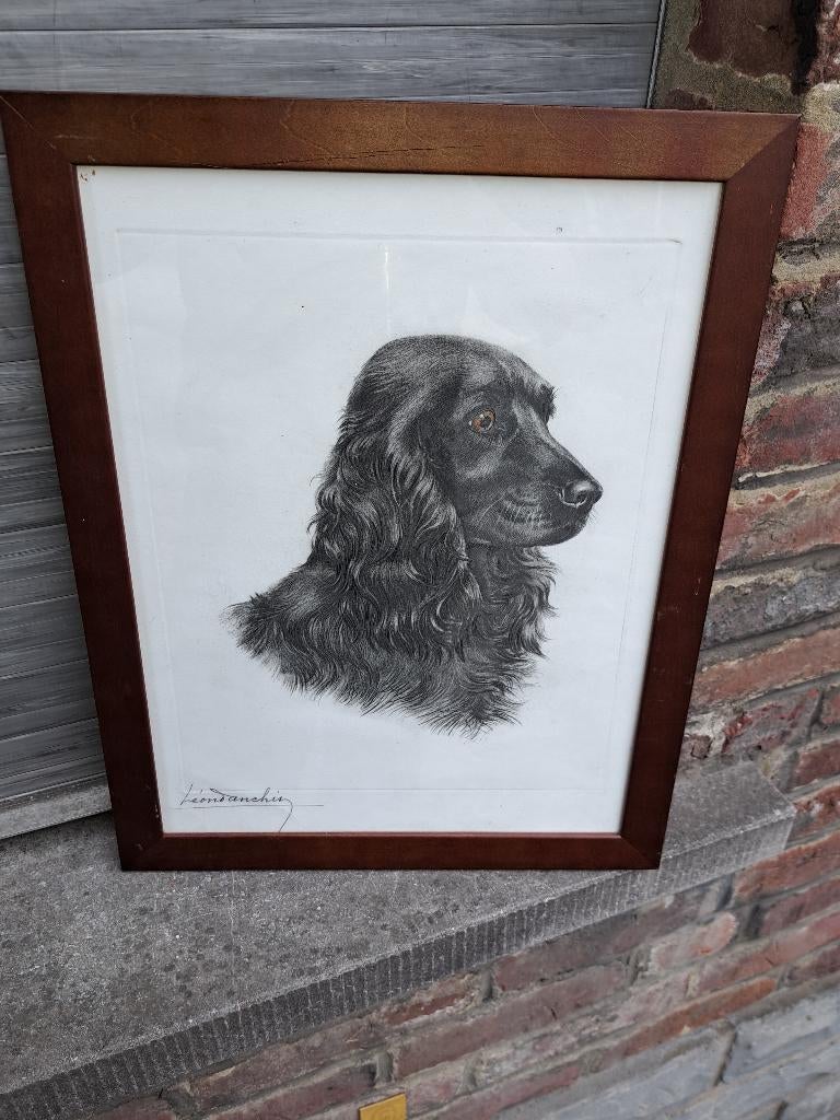 Gravure chien signe leon danchin, Ophalen of Verzenden